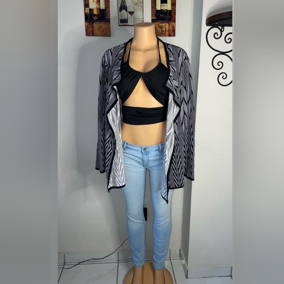 NWT CALVIN KLEIN Size XL Jacquard Flyaway Long Sleeve Cardigan BLACK-WHITE - Picture 9 of 10